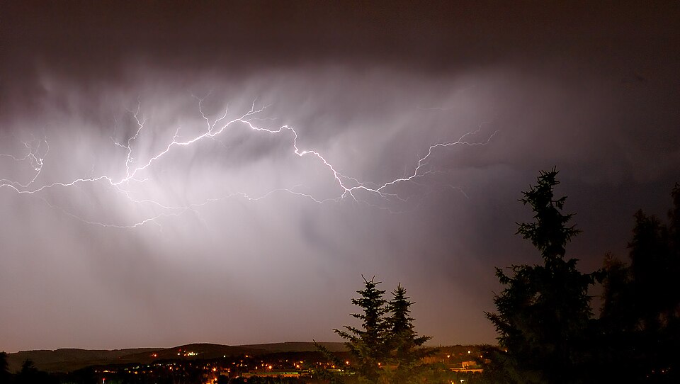 Cloud-to-cloud lightning on a stormy night, Zwickau, Germany