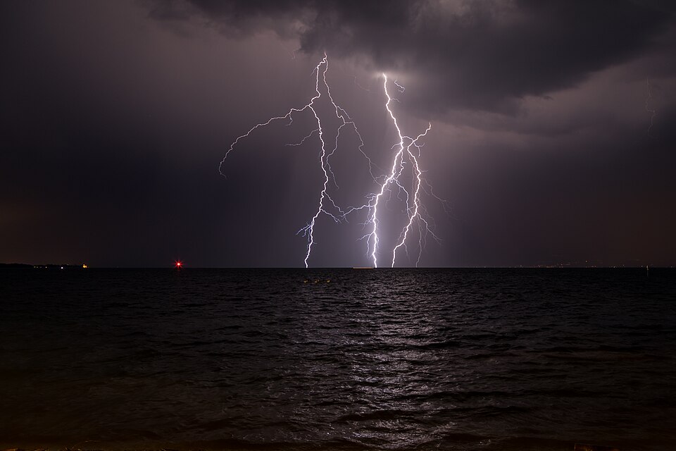 Several strikes caught in one long exposure, Lake Constance, Germany